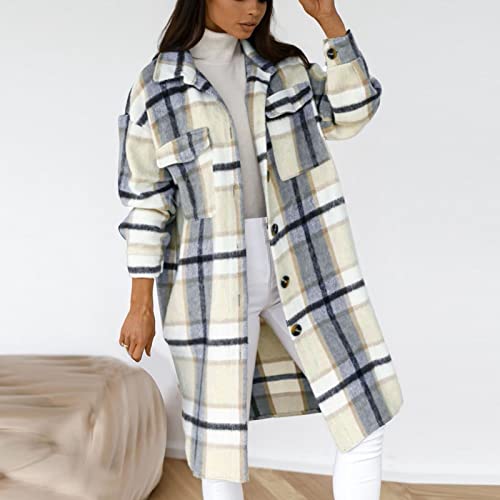 Women's Flannel Plaid Shacket Woolen Button Down Jacket Oversized Trench Coat Long Sleeve Shirt Coats With Pockets #TOP1