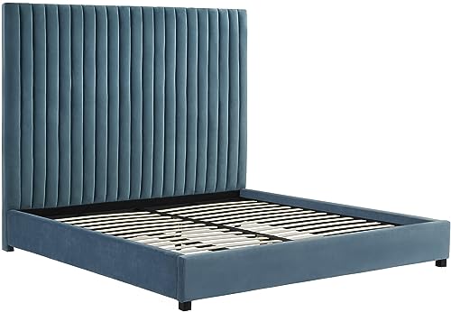 Tov Furniture The Arabelle Collection Modern Handcrafted Tufted Velvet Fabric Upholstered Solid Rubber Wood King Bed, King Size, Sea Blue #TOP2