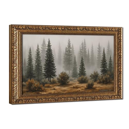 Forêt de pins brumeux poster vintage sous cadre or pour un salon zen