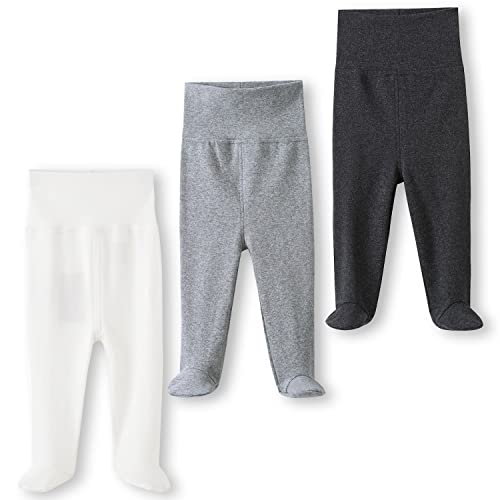 Image of ACESTAR Newborn Infant Baby Boys Girls Cotton High Waist Footed Pants Casual Leggings with Feet 0-12 Months 3-PACK/1-PACK