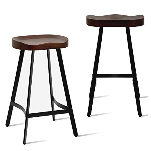 GWAREZ Set of 2 Industrial Bar Stool Saddle Seat Counter Height Farmhouse Stool-Metal and Dark Brown Wood Top Dining Stools,Backless,Stackable,Fully Welded -26.8 inch