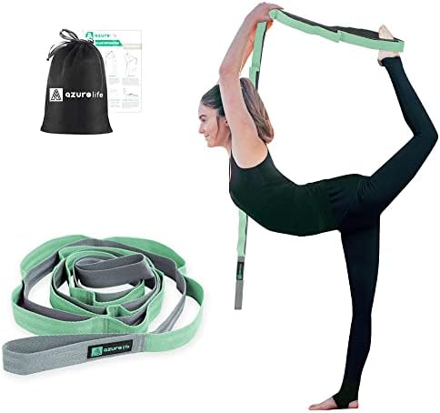 A AZURELIFE Premium Durable Cotton Stretch Strap with Loops, Non-Elastic Yoga Strap for Stretching, Multi-Loop Fitness Stretch Band for Physical Therapy, Yoga, Pilates&Dance (Green - 12 loops)