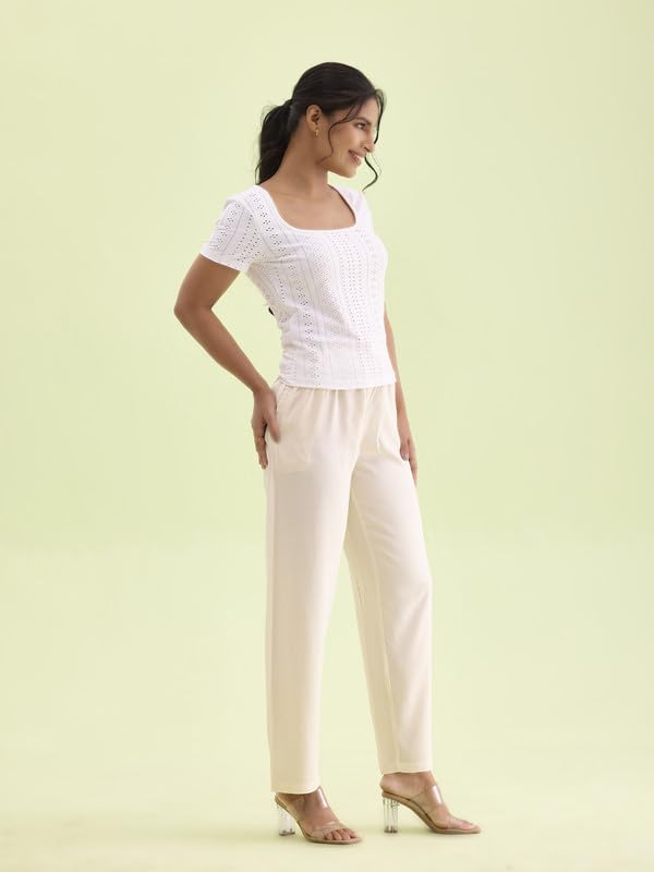 Image of GO COLORS Women Solid Mid Rise Relaxed Fit Viscose Casual Pants