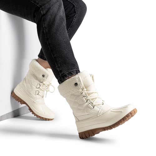 DREAM PAIRS Women's Winter Duck Boots Mid Calf Warm Insulated Faux Fur Lined Waterproof Lace Up Snow Boots,Size 10,Beige,SDSB2422W