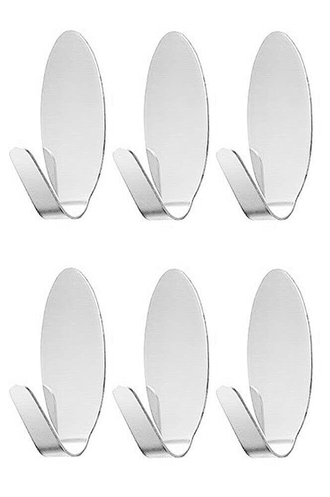 FALI Self Adhesive Hooks Mini for Kitchen Bathrooms Closet, Sticky Hooks Holder for Tea Towels Coat Robe, Stainless Steel Sticky Wall Hooks,Waterproof and Rustproof, Oval Mini 6 Pack