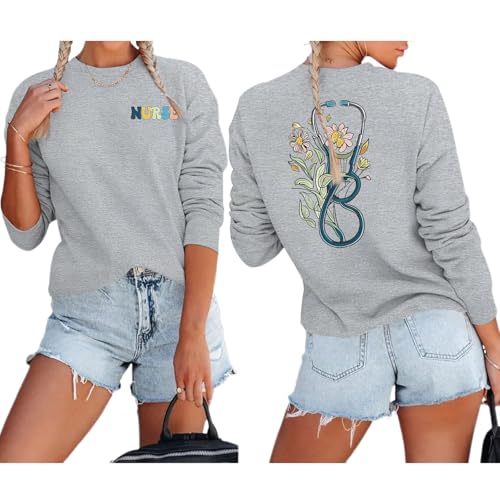 Migxsaf Nurse Graphic Crewneck Sweatshirts for women Floral Stethoscope Lightweight Sweatshirt Pullover Hoodie Nurses GiftsLight GrayXL