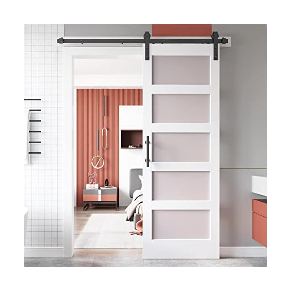 EaseLife 30in x 84in Glass Barn Door with 5.5FT Sliding Door Hardware Kit Included & Handle,Solid LVL Wood Covered with Water-Proof & Scratch-Resistant PVC Surface,DIY Assembly,5-Panel Glass,White