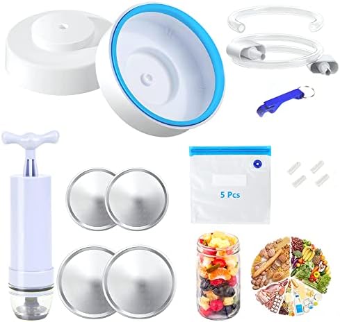 Mason Jar Vacuum Sealer Kit Compatible With FoodSaver Vacuum Sealer, Jar Sealer With Accessory Hose for Regular and Wide Mouth Mason Jars Food Storage(with a Manual Portable Vacuum Pump And Vacuum Food Bags)