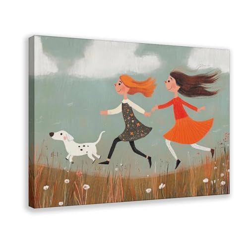 Poster sur toile fille et chien 61x91 cm pour salon