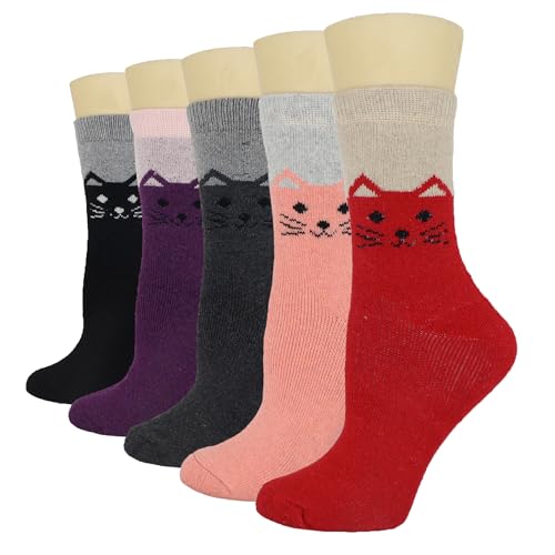 YZKKE 5Pack Womens Warm Wool Soft Cozy Crew Socks Cute Animal Owl Cat Design Sock for Fall Winter Christmas Gifts Size 5-9