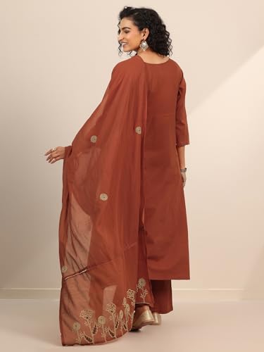 Image of Rust floral embroidered anarkali kurta with solid palazzo and embroidered dupatta | ethnic wear | bridal suit | occasion wear