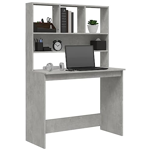 Bureau avec étagère compact en bois gris béton pour télétravail studieux