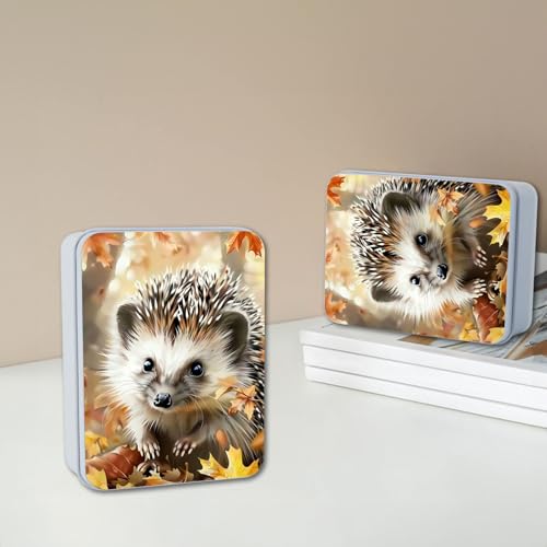 Image of Metal Tin Box with Lid,Multi-functional Storage Large Box Can Store Tea Biscuits Game Cards, Playing & Tarot Cards-Comes with 4 Magnetic Cord Clips,Hedgehog in Autumn Leaves