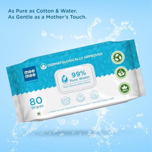 Image of Mee Mee Pure Water Wet Wipes 80 Count x 4 Pack 320 Wipes | Unscented, Plant-Derived, Thick & Soft Baby Wipes | Gentle for Newborn & Sensitive Skin with Lid