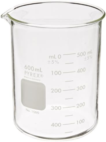 Corning Pyrex 1000-600 Glass 600mL Graduated Low Form Griffin Beaker, 50mL Graduation Interval, with Double Scale