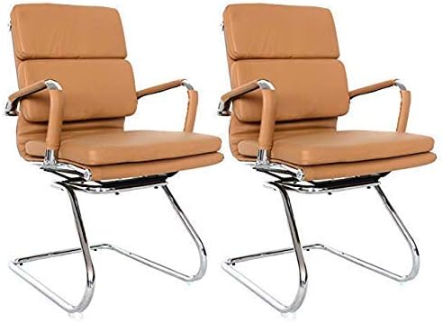 US Office Elements Modern Office Guest Chair Faux Leather Padded, with Arms, Sled Base | Comfortable Desk Chair Without Wheels for Waiting Room, Reception, Visitors Lounge (Set of 2, Camel)