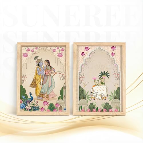 Image of Suneree Pichwai Radha Krishna Kamdhenu Cow Wall Art Painting | Set of 2 Framed Paintings | Traditional Indian Decor for Living Room Pooja Room Home | (ART 3, 10x13 INCHES)