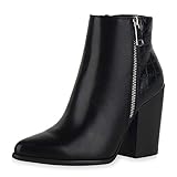  SCARPE VITA Damen Klassische Stiefeletten Leicht Gefütterte High Heel Boots Blockabsatz Schuhe Leder-Optik Booties Zipper 186541 Schwarz Kroko 39