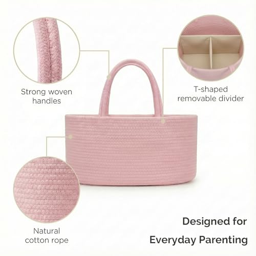 Image of luxury little Diaper Caddy Organizer, Large Cotton Rope Nursery Baby Basket, Changing Table Organizer for Baby Diaper Storage, Portable Car Organizer Removable Divider (Light Pink, Large)