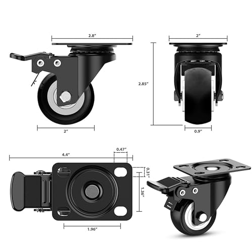 Image of Heavy Duty Swivel Castor Wheels with Brakes - 2 Inch | 360 Soft Rubber Caster Wheels for Furniture, Trolley, Chair, Table & Appliances | Plate Mount Locking Wheels | Pack of 4