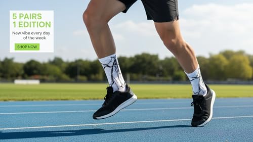 Image of Lightning Pattern Athletic Crew Socks, Multicolor Black White Green, Comfort Cushioned Cotton Blend, 5 Pack
