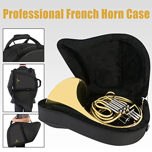 ROWELL Single French Horn,3 Keys Gold Lacquer F French Horn,Big Horn Design Single Row French Horn with Case,Mouthpiece Gloves and Polishing Cloth