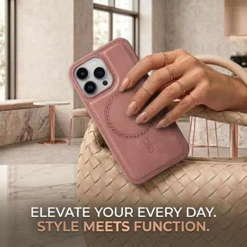 Image of amazon basics Premium PU Leather Case for iPhone 15 Pro, MagSafe Compatible Magnetic Ring, Sleek Protective Back Cover - [Pink]