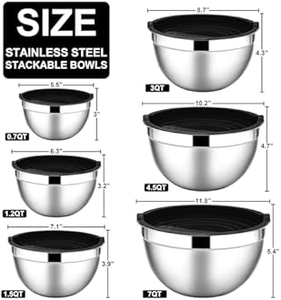 E-far Mixing Bowls with Lids, 12-Piece Stainless Steel Salad Bowls Metal Nesting Bowls for Baking Cooking and Prepping, Airtight Lids & Stackable Design, Size 7, 4.5, 3, 1.5, 1.2, 0.7 QT (Black)