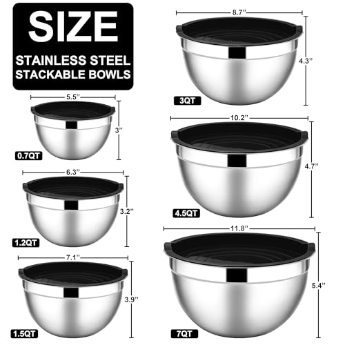 E-far Mixing Bowls with Lids, 12-Piece Stainless Steel Salad Bowls Metal Nesting Bowls for Baking Cooking and Prepping, Airtight Lids & Stackable Design, Size 7, 4.5, 3, 1.5, 1.2, 0.7 QT (Black)