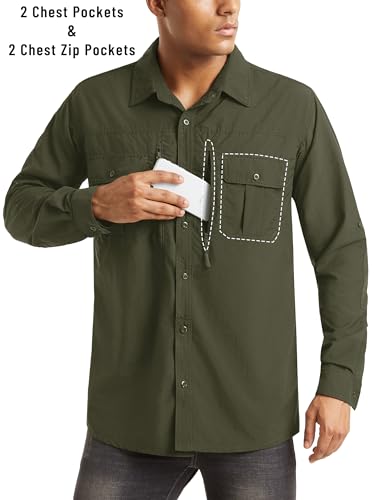 KEFITEVD Men's Button-Down Shirts Long Sleeve Smart Casual Shirt Moisture Wicking Combat Tactical Shirts Army Green S - Image 4
