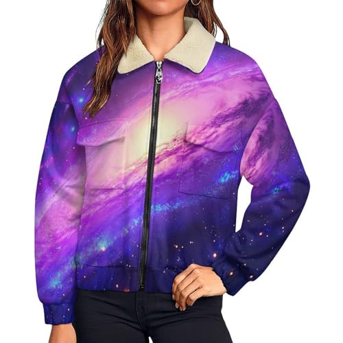 Image of UOMSKTY Sherpa Fleece Jacket for Women, Andromeda Galaxy Ladies Winter Warm Full Zip Coat, Nature Universe Space Long Sleeve Teddy Coats, Purple Stylish Fuzzy Outdoor Sport With Pockets 3XL