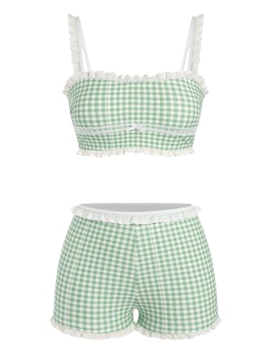 Image of ZAFUL Womens High Waisted Bikini Sets 2 Piece Plaid Ruffle Swimsuits Back Strap Top with High Waisted Shorts Bathing Suit