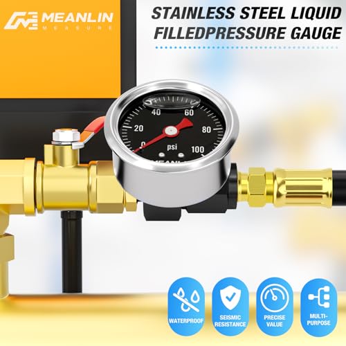 Image of MEANLIN MEASURE 0~100Psi Black Stainless Steel Glycerin Filled Pressure Gauge 1 /8 inch NPT 1.5 inch FACE DIAL, with 6AN Pressure Take Off Fitting, Liquid Filled Pressure Gauge WOG Water Oil Air Back Mount