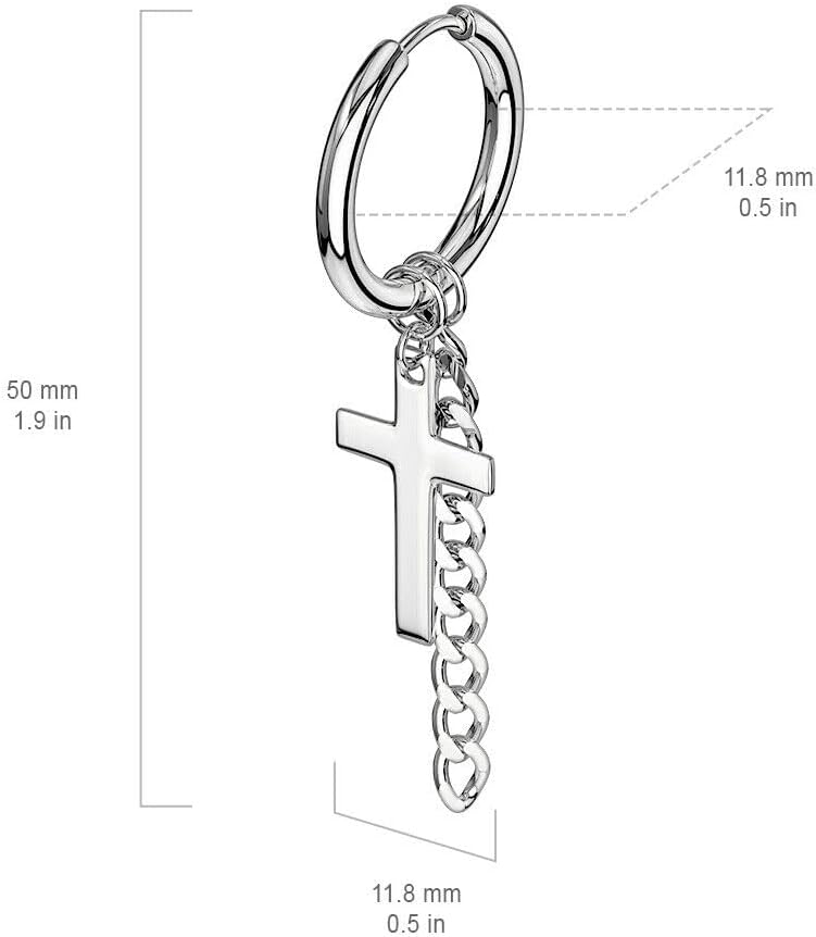 Pair of Cross & Chain Dangle Surgical Steel Hinge Action Seamless Hoop Earrings - Steel