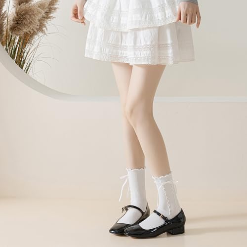 Womens Crew Ruffle Socks Cute Frilly Casual Socks Ribbon Bow Knit Cotton Lettuce Adorable Socks 3 Pack4