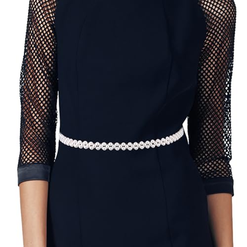 Women Skinny Pearls Belts, Bridal Wedding Waist Belt Bridesmaid Waistband Adjustable White Ribbon Belt for Dress