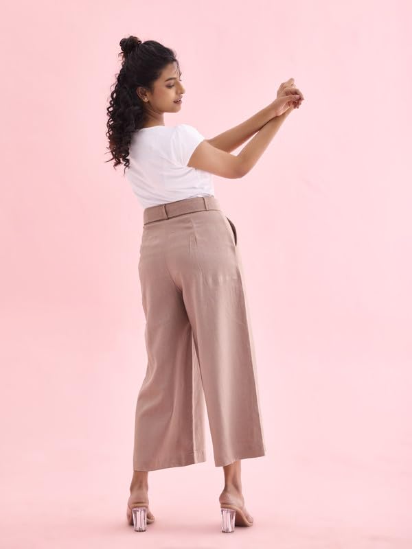 Image of GO COLORS Solid Linen Culottes for Women | High Rise, Side Pockets, Front tie-up