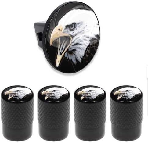Tow Hitch Cover Insert Plug for Truck & SUV + Valve CAPS for American Bald Eagle Model-PYT-8888-4628