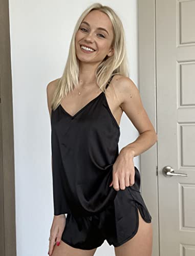 Image of Ekouaer Silk Pajamas for Women Satin Cami V Neck Camisole Shorts Pjs Set | Adjustable Strap Sleepwear Lingerie Sets for Women for Wedding, Party, Home, Daily Wear, Honeymoon