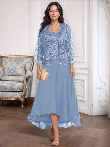 2 Piece Mother of The Bride Dresses Tea Length Chiffon Lace Mother of The Groom Dresses with Jacket3