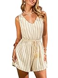 CUPSHE Women’s Striped Sleeveless Rompers V Neck Smocked Waist Drawstring Textured Travel Casual Black Stripe S