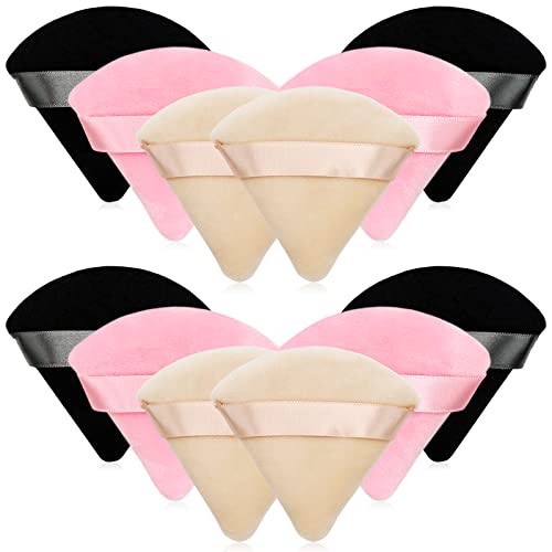 12 Pieces Cosmetic Powder Puff,2.76 inch Portable Soft Sponge Setting Face Puffs,Triangle Velvet Powder Puff with Ribbon Band Handle for Loose Powder Body Powder Makeup Tool(Black,Nude,Pink)