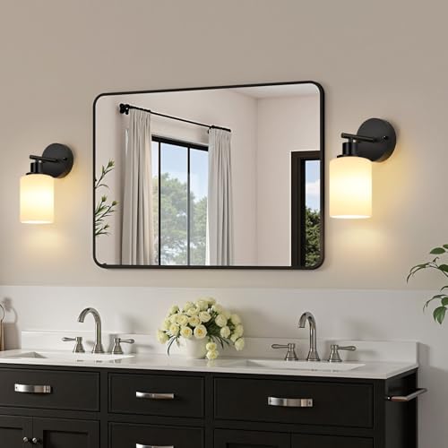 Image of Set of 2 Wall Sconces for Bathroom,Black Modern Vanity Lights with Milky White Frosted Glass Shades,Bathroom Wall Lamp, for Bathroom, for Mirror, Living Room, Kitchen, Hallway, Cabinet, Porch