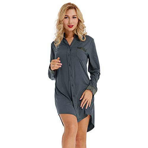 Zexxxy Women Button Down Pajama Lapel Sleep Shirt Long Sleeve Pajama Shirt Soft Cotton Night Shirt Dark Grey M