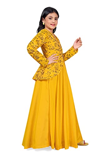 Image of Fashion Dream Girls Yellow Solid Maxi Dress with Attached Foil Printed Shrug(Yellow 5-6 Year)