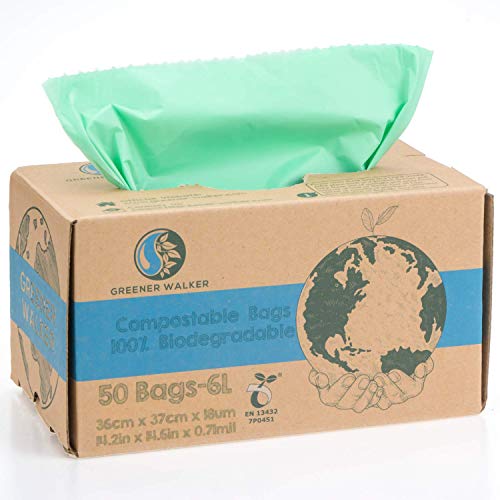 Greener Walker Afvalzakken van 6 tot 50 liter, 100% composteerbaar, biologisch afbreekbaar, 6 liter, 10 liter, 30 liter, voor keuken, levensmiddelen, met EN13432-certificering.