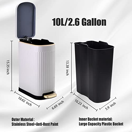 Ceroelda White Bathroom Trash Can With Lid-Stainless Steel Step Slim Garbage Can-Metal Wastebasket-10L/2.6 Gallon Rectangle Pedal Trash Bin For Narrow Office, Kitchen, Bedroom, Toilet-Soft Close #TOP4