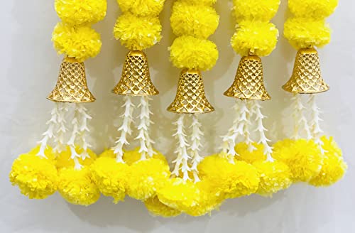 Image of Sphinx Artificial Marigold Fluffy Flowers Garlands for Decoration - Pack of 5 (Clustered Yellow Marigolds, offwhite tuberoses with Bells)
