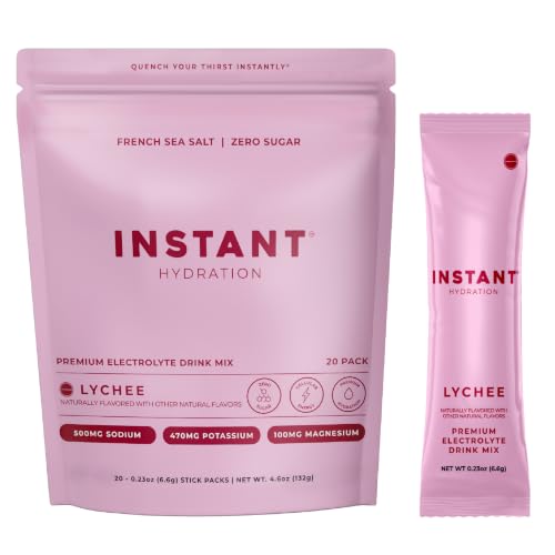 Image of Instant Hydration Sugar Free Electrolytes Powder Packets - Lychee Electrolyte Drink Mix & Travel Essentials - Post Workout Recovery, Brain Health, Muscle & Tissue Support - 20 Sticks