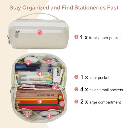 Image of Large Pencil Pouch for Teen Girls, 8 Compartments, Cream White | Large capacity pencil case, wide-opening organizer fits calculators, markers, pens; for middle school, high school, college